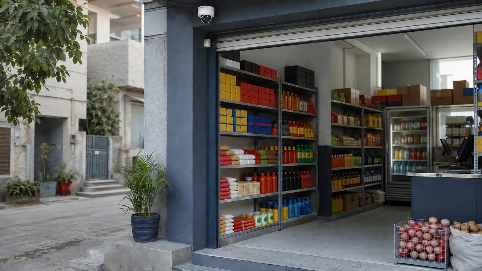 Illustration of a small retail shop with entrance surveillance